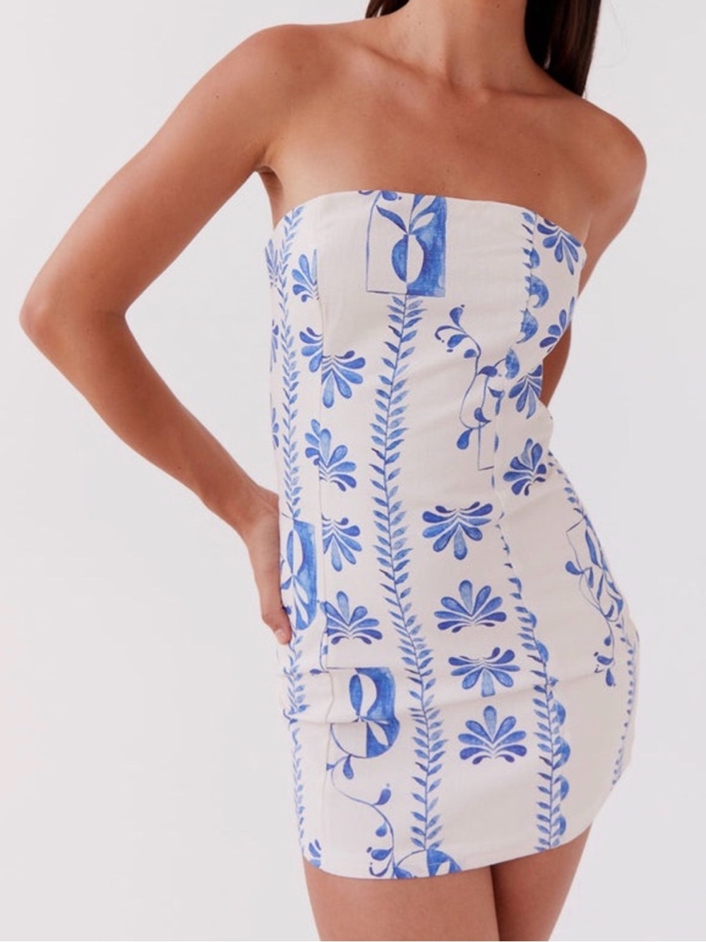 Peppermayo White Strapless Mini Dress with Blue Floral Print